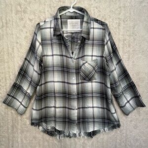 KARYN SEO Woven Plaid Point Collar 3/4 Sleeve Frayed Hem Button Down Shirt Sz M
